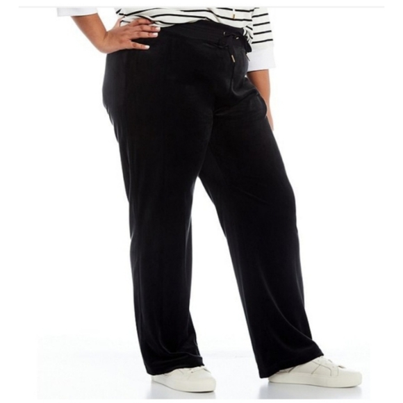 Calvin Klein Plus Size Stretch Velour High-Rise Wide Leg Drawstring Pants - Picture 2 of 16